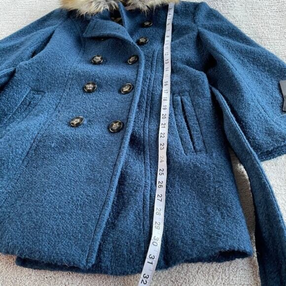 🔥NWT Laundry By Shelli Segal Wool Blend Double Breasted Faux Fur Collar Teal - Picture 12 of 13